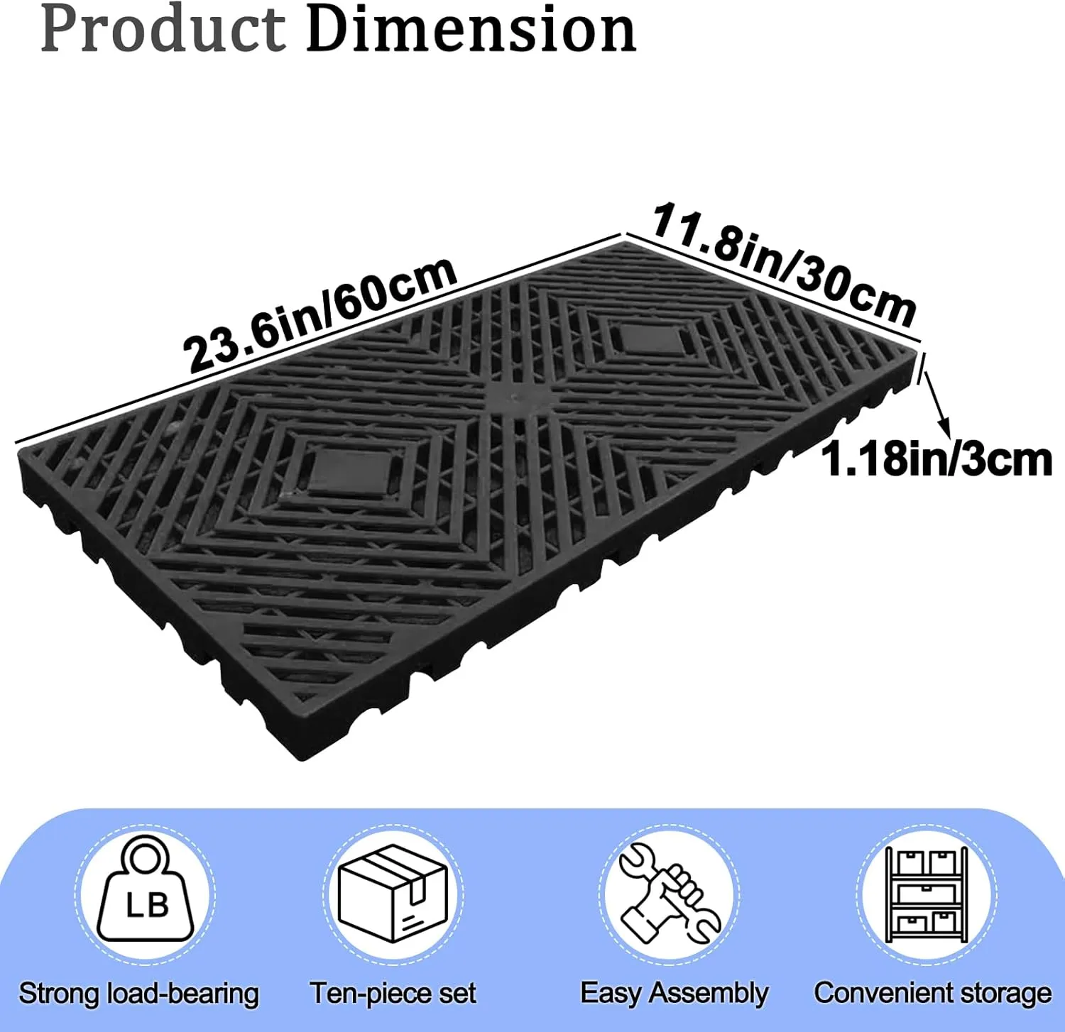 10 Pcs Lightweight Plastic Pallets, 23.6"x11.8"x1.18" Waterproof Moisture-Proof Floor Pallet, Storage Pad for Garage, Basement, Industrial, Blue and Black
