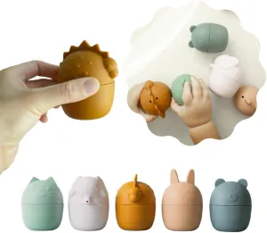 100% Food Grade Silicone Bath Toys for Toddlers 1-3 Year Old - Set of 5 Collapsible Bathtub Toys Featuring Dinosaur & Farm Animals - Fun Dishwasher Safe Water Toys for Toddlers and Babies