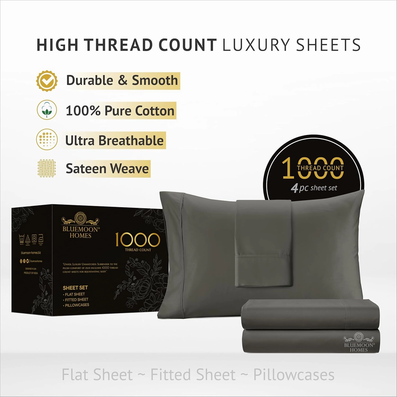 100% Egyptian Cotton King Size Sheets Set - Luxury Deep Pocket, 1000 Thread Soft & Ultra Smooth, 4 Piece Bedding With Pillowcases - Cool Durable Dark Grey