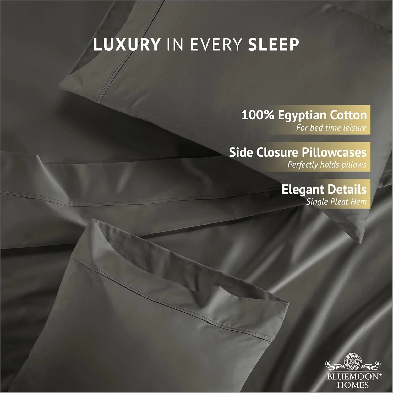 100% Egyptian Cotton King Size Sheets Set - Luxury Deep Pocket, 1000 Thread Soft & Ultra Smooth, 4 Piece Bedding With Pillowcases - Cool Durable Dark Grey
