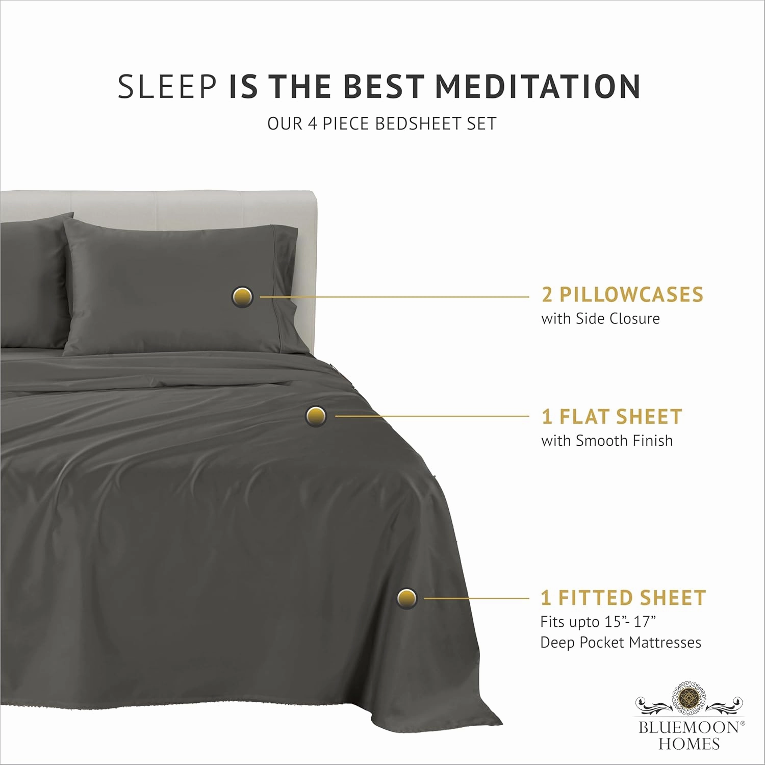100% Egyptian Cotton King Size Sheets Set - Luxury Deep Pocket, 1000 Thread Soft & Ultra Smooth, 4 Piece Bedding With Pillowcases - Cool Durable Dark Grey