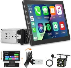 10.1 inch Single Din Car Stereo with CarPlay and Android Auto, Detachable Touch Screen Radio with Mirror Link/1080P/EQ Audio/SWC/Bluetooth  Backup Camera MIC