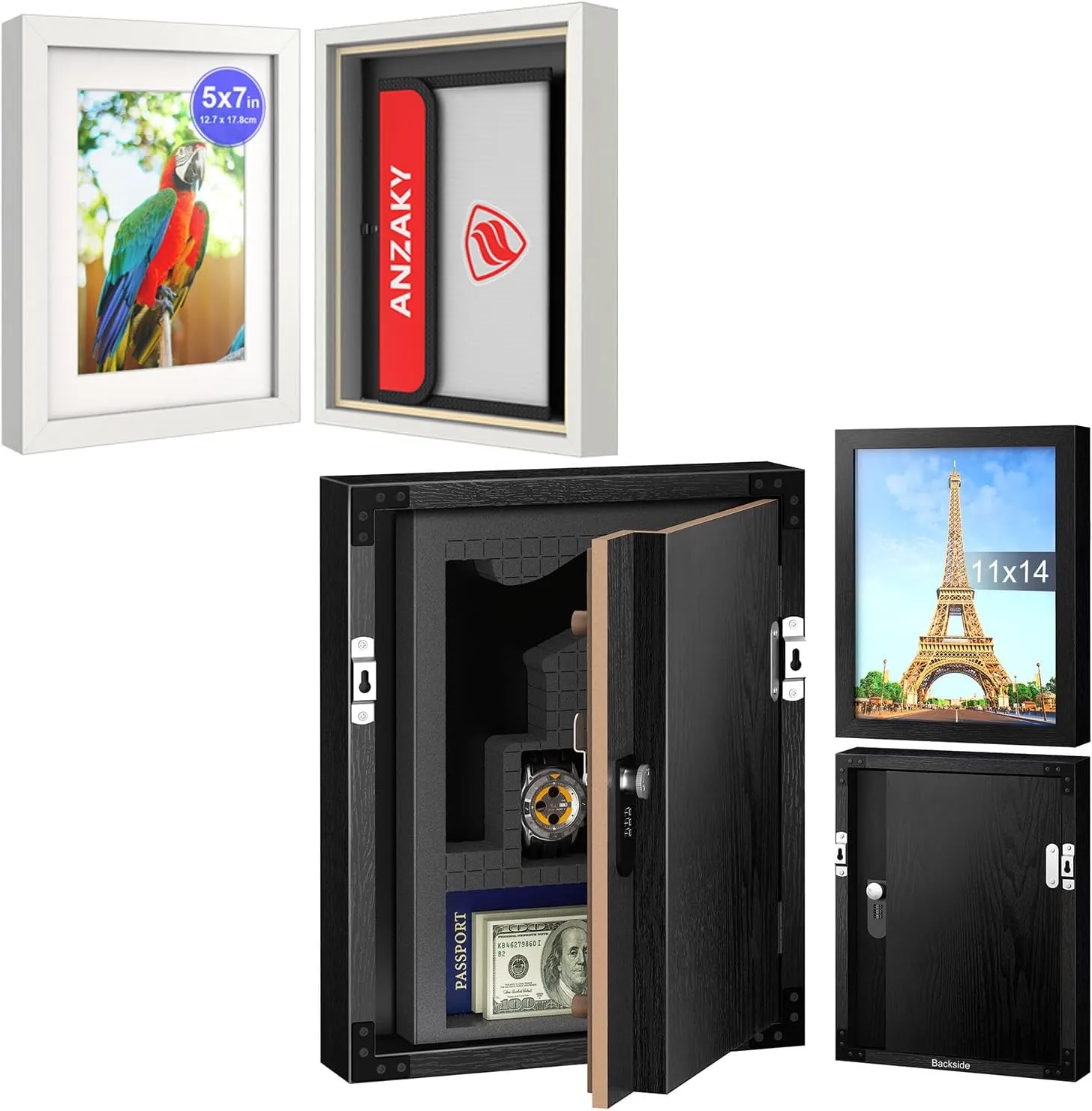 11x14 inch Picture Frame Hidden Safe with Lock Black & 5 x 7 inch Picture Frame Hidden Safe with Fireproof Money Bag White