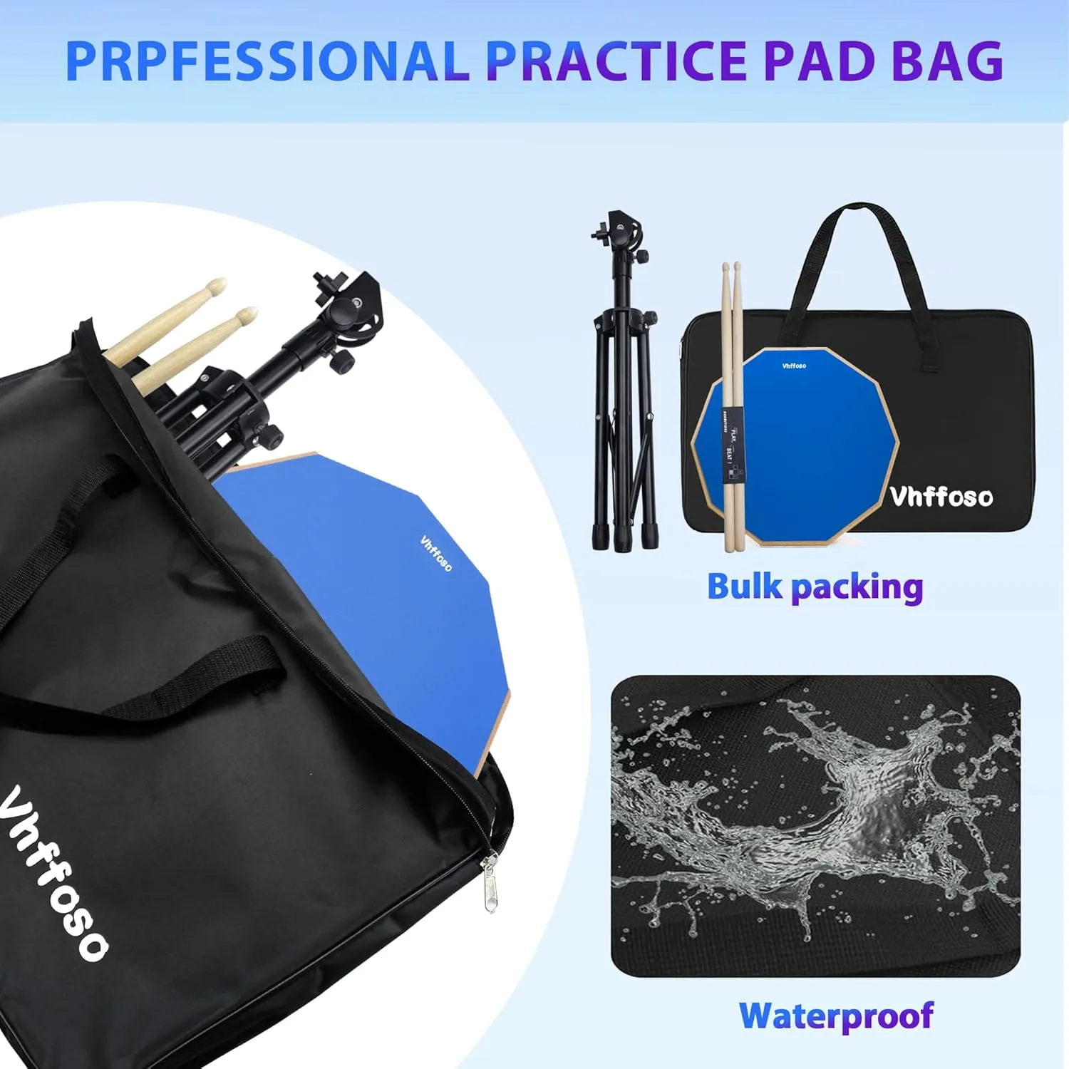 12 Inch Practice Drum Pad with Stand and Sticks, Beginner Snare Drum Pad with Drumsticks(2 pairs) and Carrying Bag, Double Sided Silent Drum Pad (Blue)