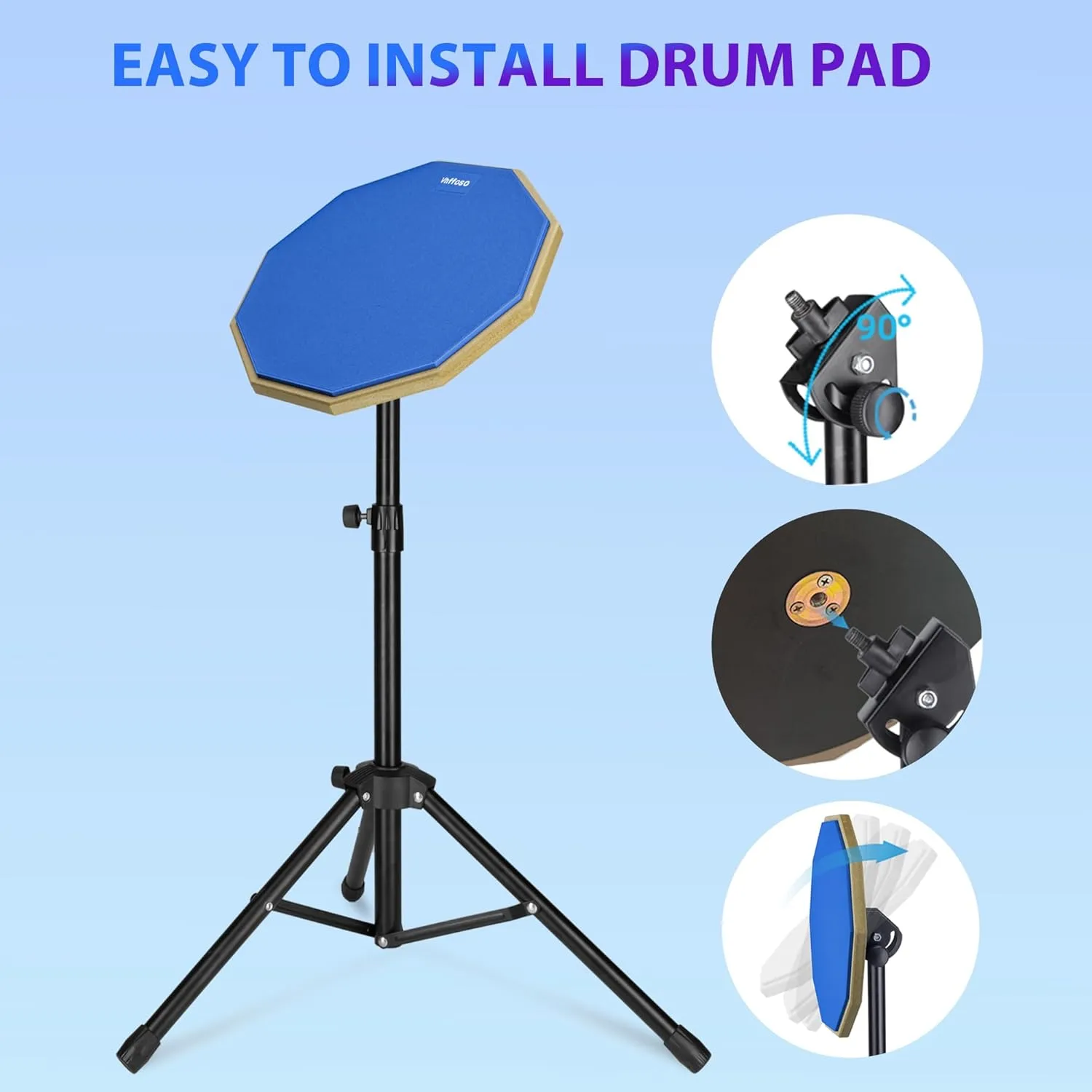 12 Inch Practice Drum Pad with Stand and Sticks, Beginner Snare Drum Pad with Drumsticks(2 pairs) and Carrying Bag, Double Sided Silent Drum Pad (Blue)
