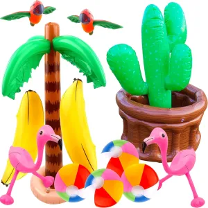 12 Pack Large Inflatable Palm Tree Cooler Palm Tree Blow up Flamingo Banana Beach Ball Parrot Beach Ball Toys for Tropical Hawaiian Summer Pool Party Decorations