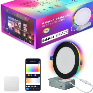 12 Pack Smart Recessed Lighting Black 6 Inch with RGB Flash Color Changing & 2700-6000K, 2.4GHz WiFi Bluetooth Quickly Link, Work with App/Alexa/Google Assistant/Siri, Include 1 Gateway