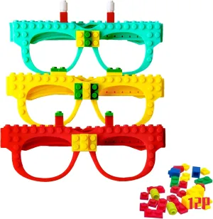 12 Pcs DIY Building Bricks Glasses, 3 Color Plastic Building Blocks Glasses for Adults and Kids Birthday Party Supplies Carnival Party Favors