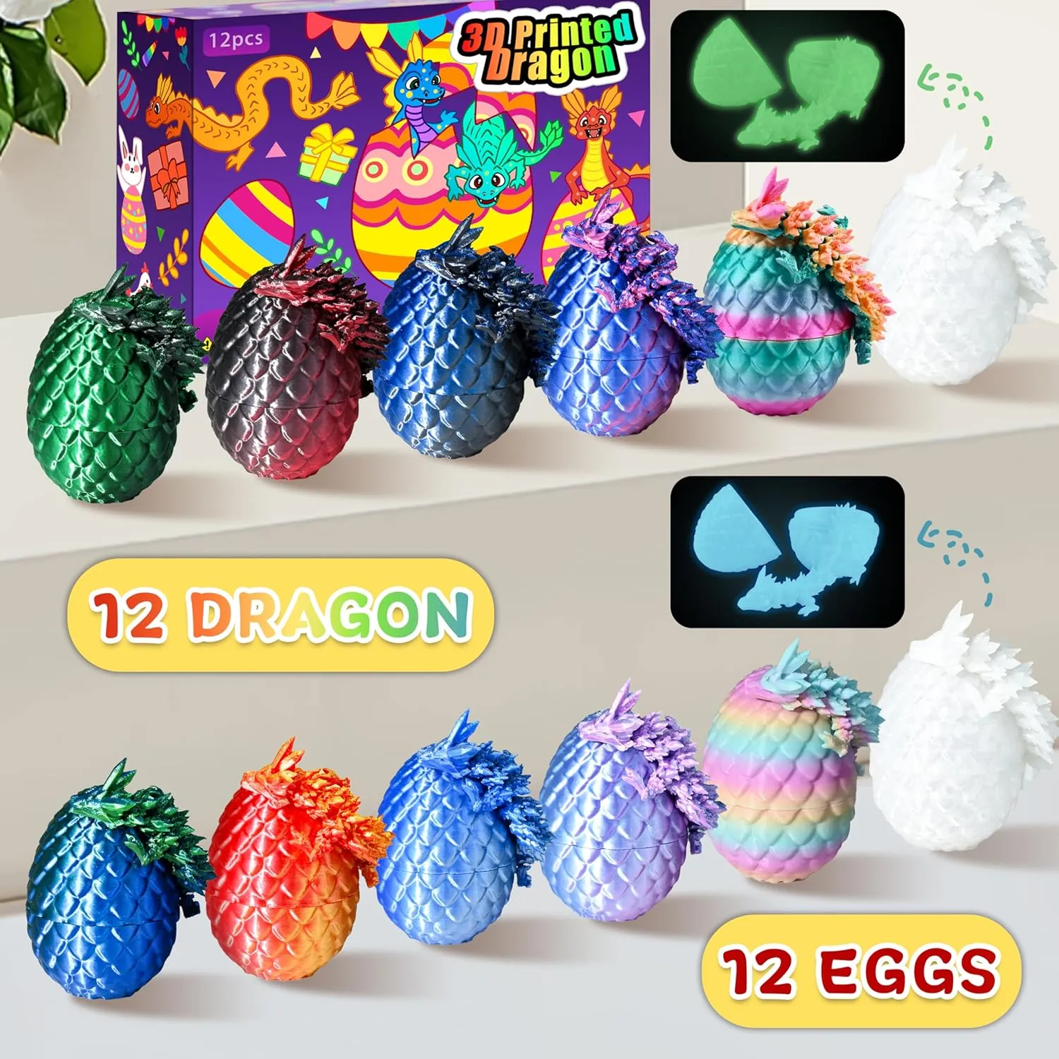 12PCS 3D Printed Dragon Eggs with Dragon Inside, Cool Stuff Fun Gifts, Mini Dragon Egg Set Articulated Crystal Dragon Fidget Toy for Adults Teens Boy Gifts Easter Basket Stuffers