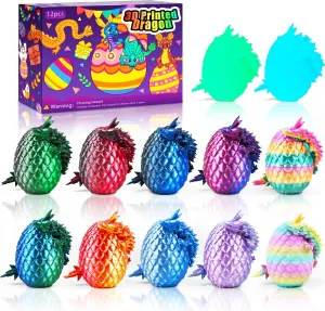 12PCS 3D Printed Dragon Eggs with Dragon Inside, Cool Stuff Fun Gifts, Mini Dragon Egg Set Articulated Crystal Dragon Fidget Toy for Adults Teens Boy Gifts Easter Basket Stuffers