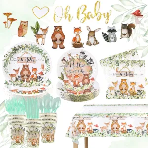 142PCS-Woodland-Baby-Shower-Party-Decorations for Boys Girls,Safari Jungle Wild Animal Tableware Set Serve 20,Party Supplies With Disposable Plates Napkin Cups Forks Knives Spoon Banner Tablecloth