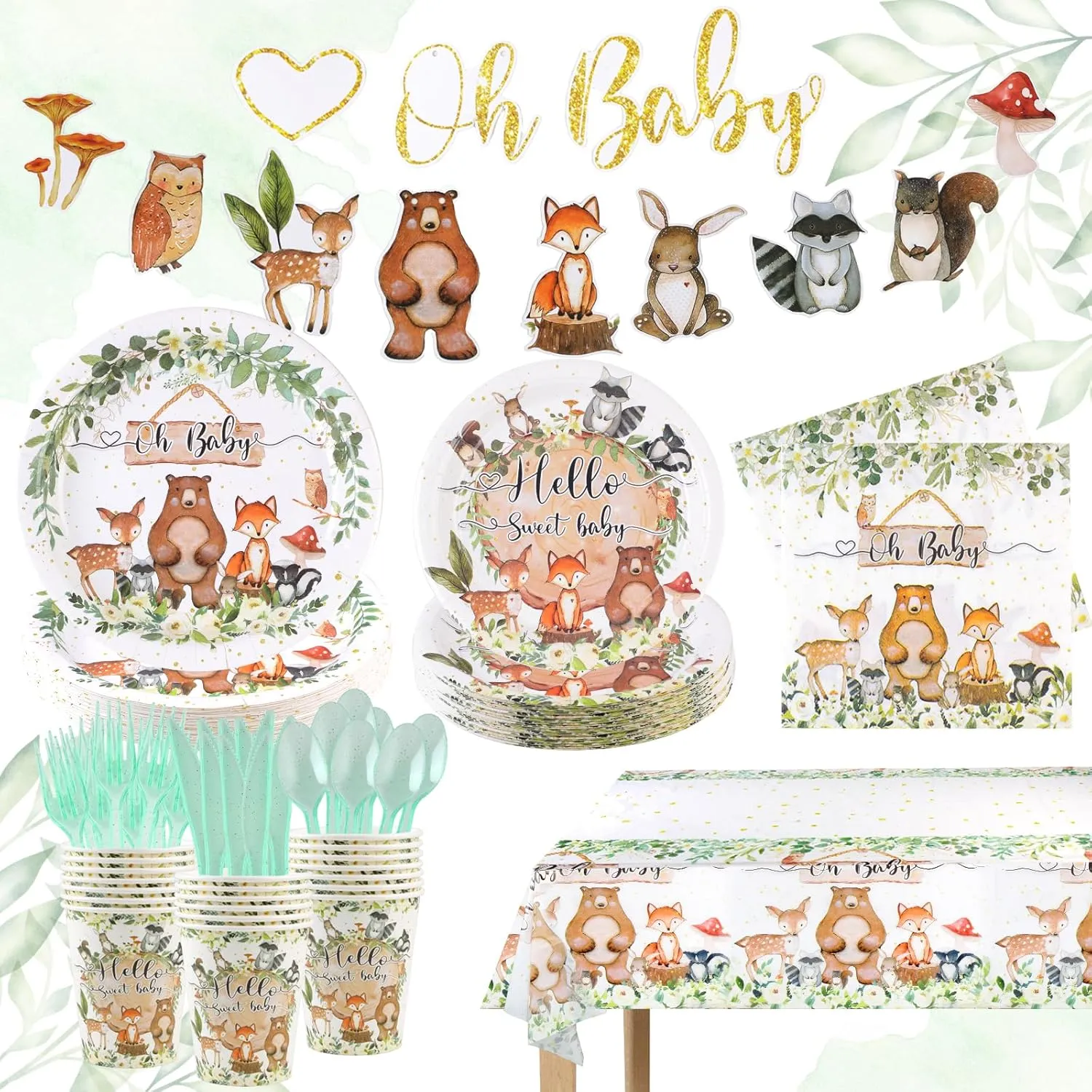 142PCS-Woodland-Baby-Shower-Party-Decorations for Boys Girls,Safari Jungle Wild Animal Tableware Set Serve 20,Party Supplies With Disposable Plates Napkin Cups Forks Knives Spoon Banner Tablecloth