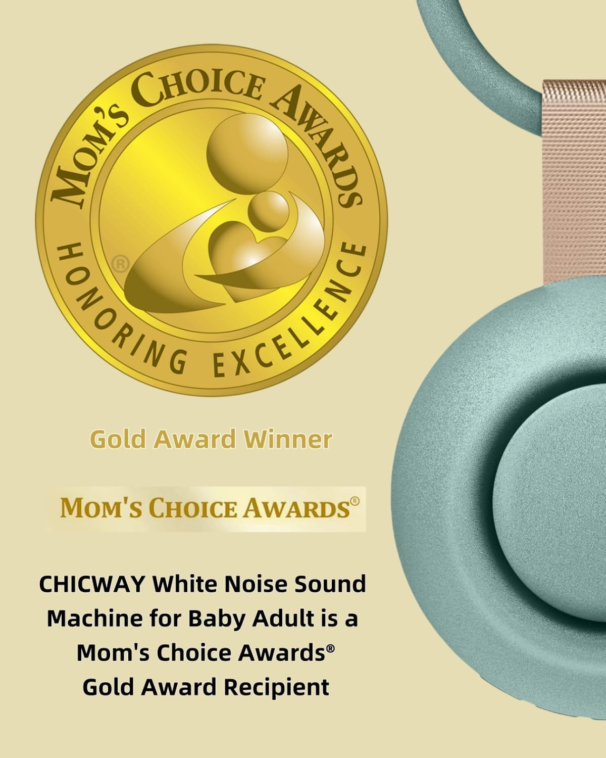 2025 Mom's Choice Awards, Portable Sound Machine for Baby Adult, Smart Cry Detection, 18 Soothing Sound, Bluetooth Rechargeable White Noise Machine for Home Office Travel, Nursery Light, Cyan