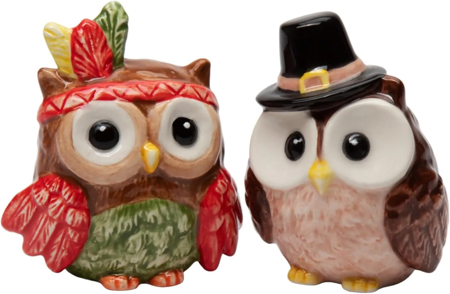 21061 Ceramic Indian & Pilgrim Owl Salt and Pepper Shakers