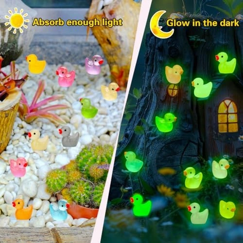 240pcs Luminous Mini Resin Ducks, Tiny Duck Bulk Glow in The Dark Small Plastic Miniature Ducks Figures for Dollhouse Decor Micro Garden Home Landscape Aquarium Craft Gifts Party Favors Toys