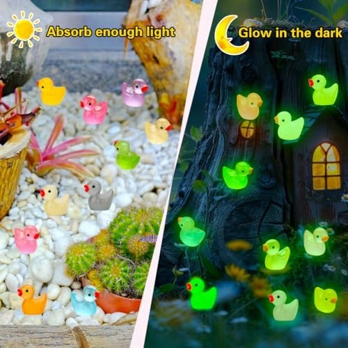 240pcs Luminous Mini Resin Ducks, Tiny Duck Bulk Glow in The Dark Small Plastic Miniature Ducks Figures for Dollhouse Decor Micro Garden Home Landscape Aquarium Craft Gifts Party Favors Toys