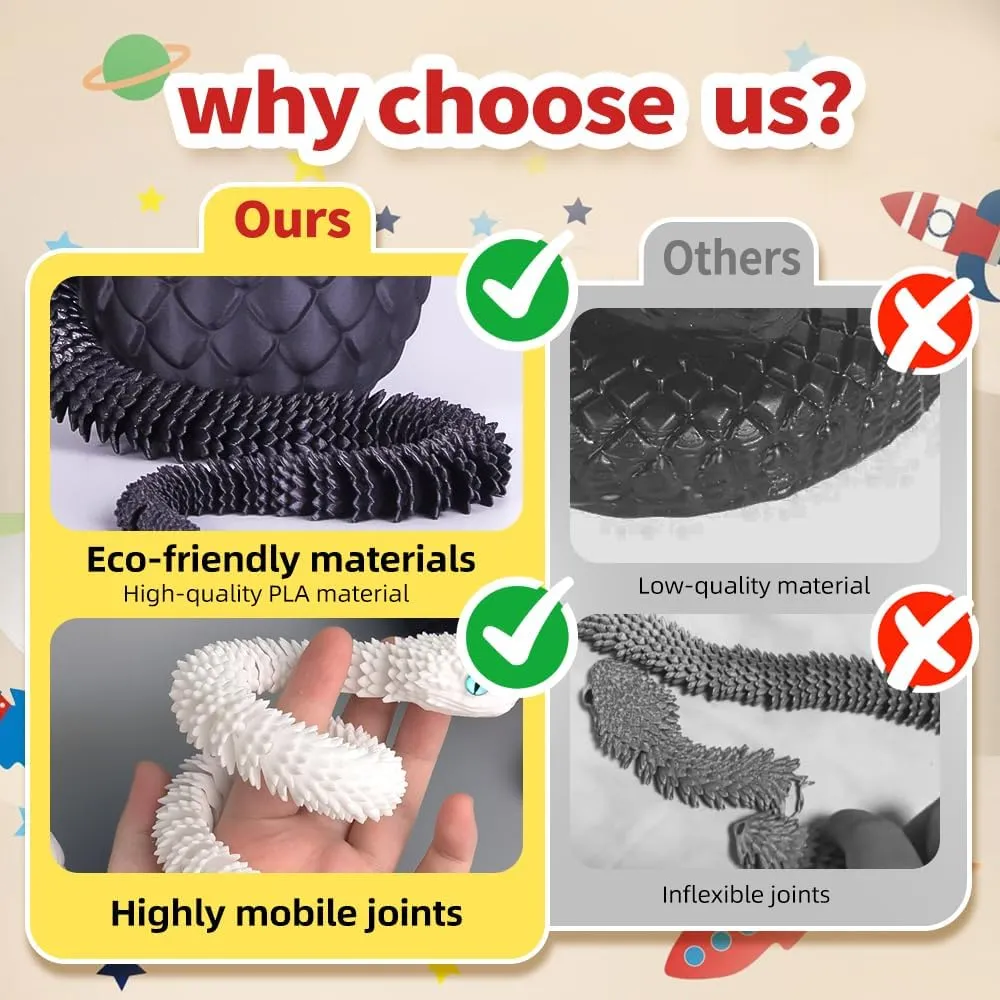 24inch Snake,3D Printed Snake Egg with Snake Inside,3D Printed Animals Toys,Like Movable Snake Realistic Slithering Design (White)