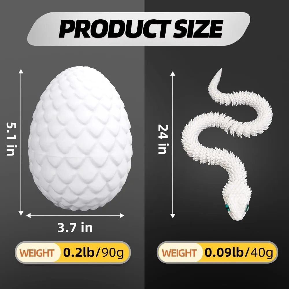 24inch Snake,3D Printed Snake Egg with Snake Inside,3D Printed Animals Toys,Like Movable Snake Realistic Slithering Design (White)