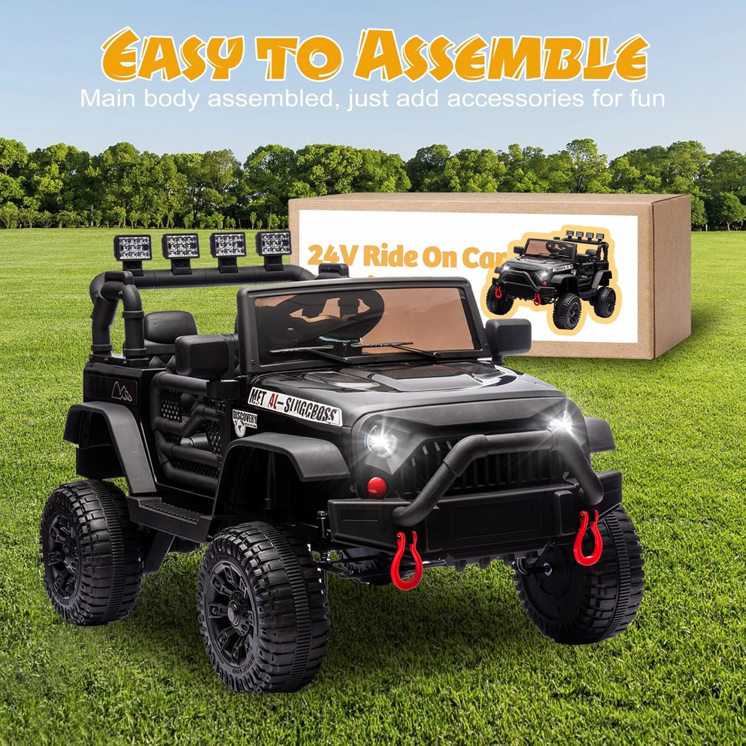 24V Ride on Toys for Big Kids, Ride on Jeep with Remote Control 400W Motor, 4 Wheel Suspension, Adjustable Speed, USB, Music, LED Lights, Large Screen Birthday Gift for Kids Ages 37-95 Months(Black)
