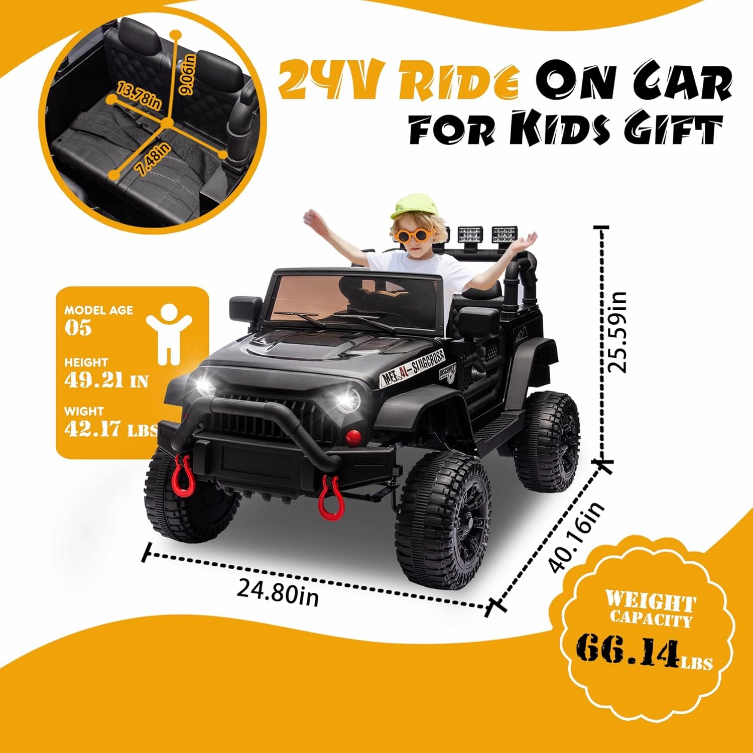24V Ride on Toys for Big Kids, Ride on Jeep with Remote Control 400W Motor, 4 Wheel Suspension, Adjustable Speed, USB, Music, LED Lights, Large Screen Birthday Gift for Kids Ages 37-95 Months(Black)