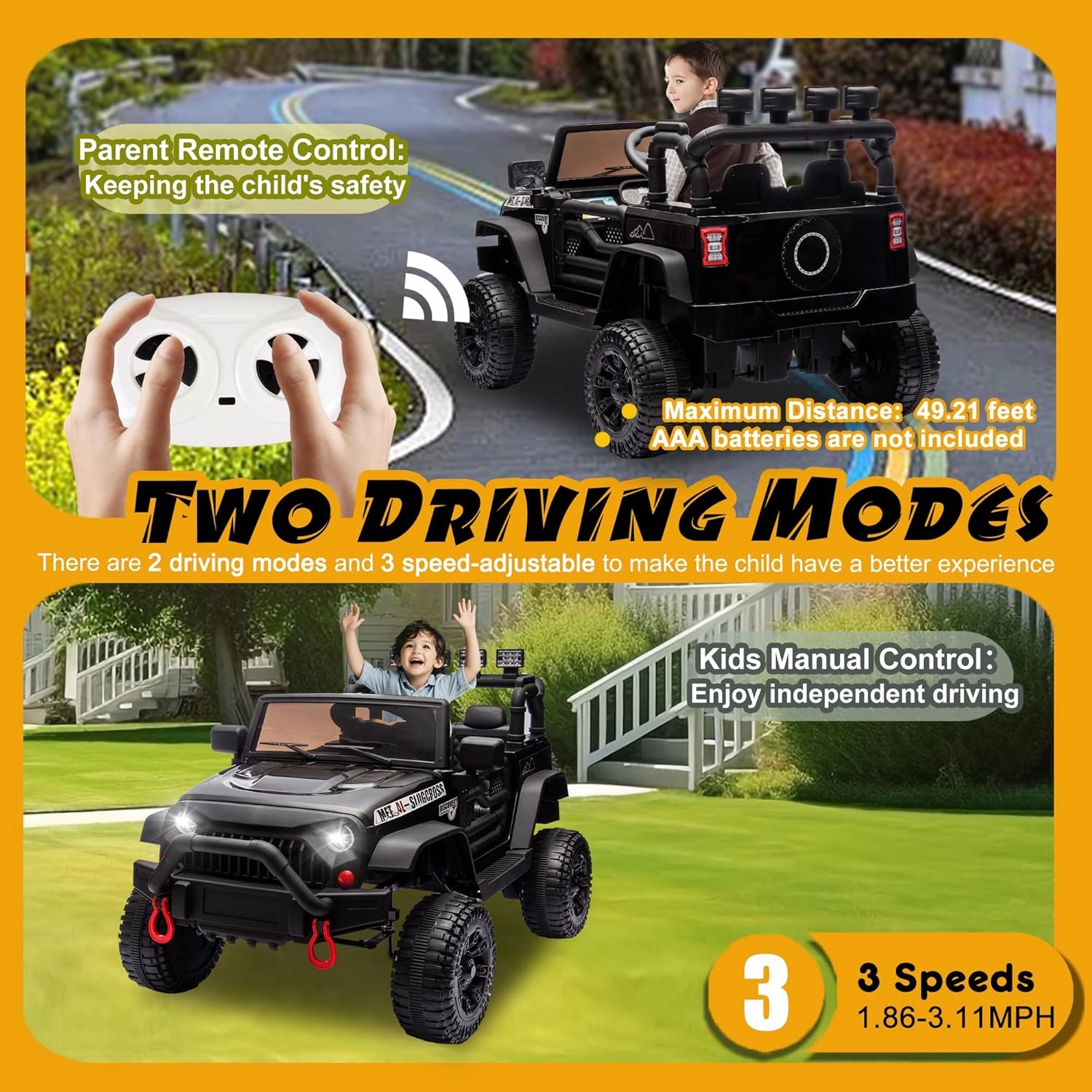 24V Ride on Toys for Big Kids, Ride on Jeep with Remote Control 400W Motor, 4 Wheel Suspension, Adjustable Speed, USB, Music, LED Lights, Large Screen Birthday Gift for Kids Ages 37-95 Months(Black)