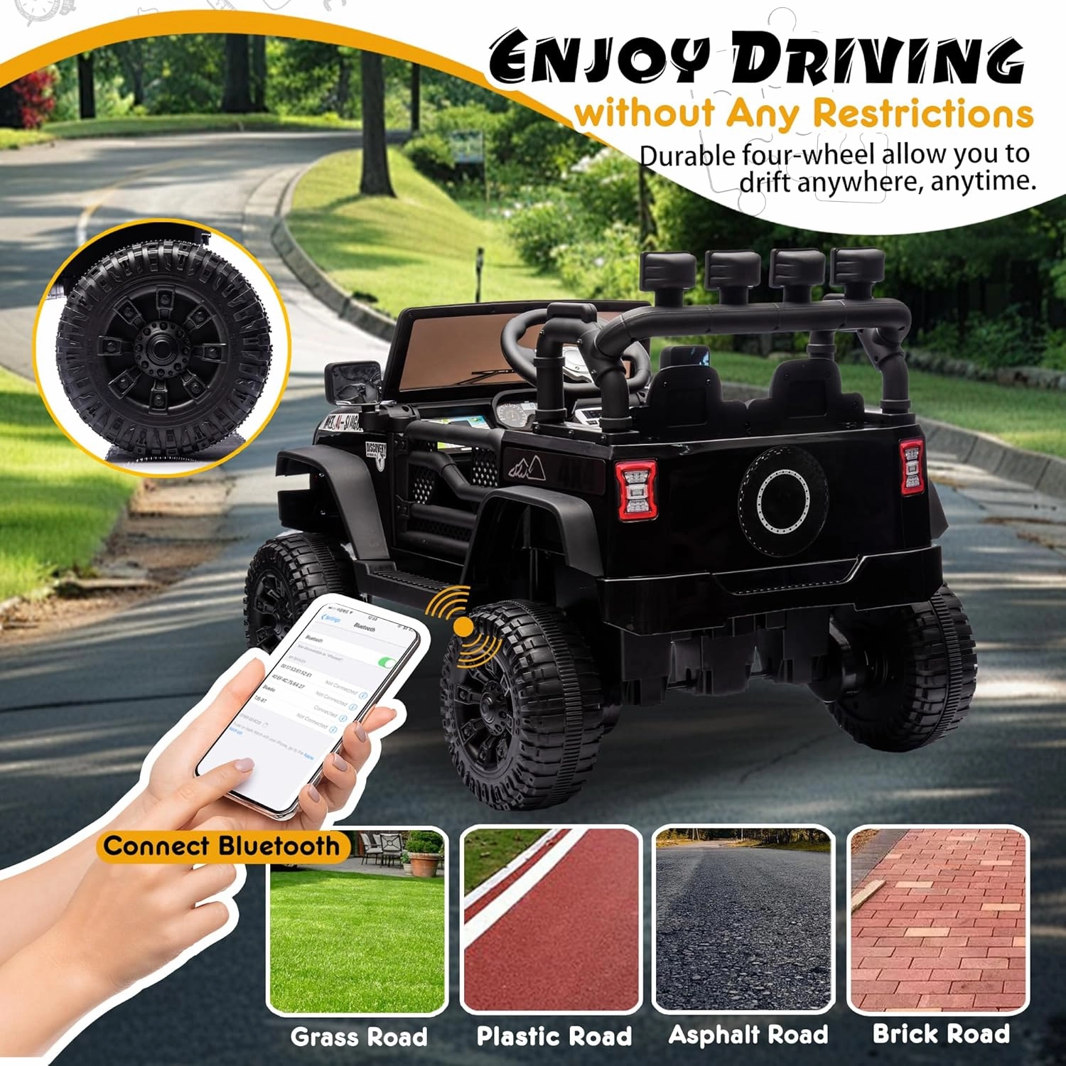 24V Ride on Toys for Big Kids, Ride on Jeep with Remote Control 400W Motor, 4 Wheel Suspension, Adjustable Speed, USB, Music, LED Lights, Large Screen Birthday Gift for Kids Ages 37-95 Months(Black)