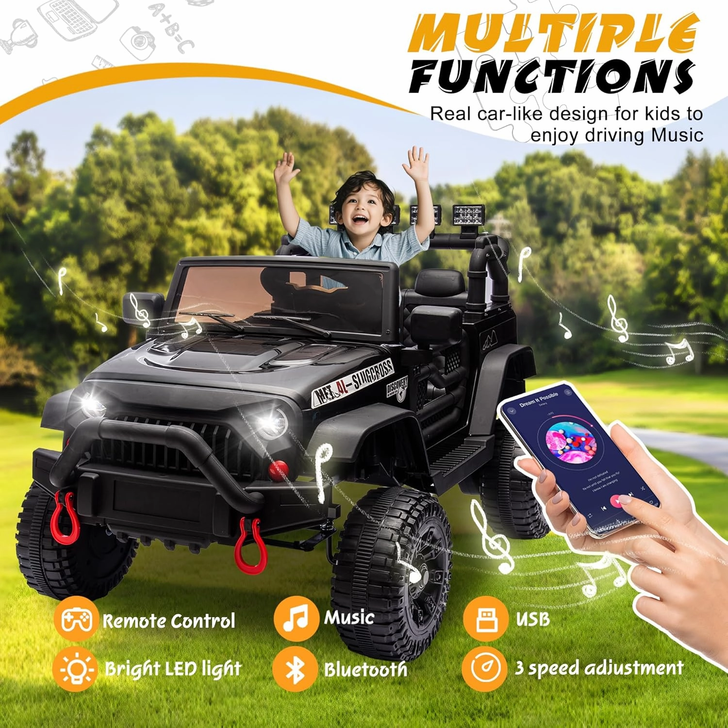 24V Ride on Toys for Big Kids, Ride on Jeep with Remote Control 400W Motor, 4 Wheel Suspension, Adjustable Speed, USB, Music, LED Lights, Large Screen Birthday Gift for Kids Ages 37-95 Months(Black)