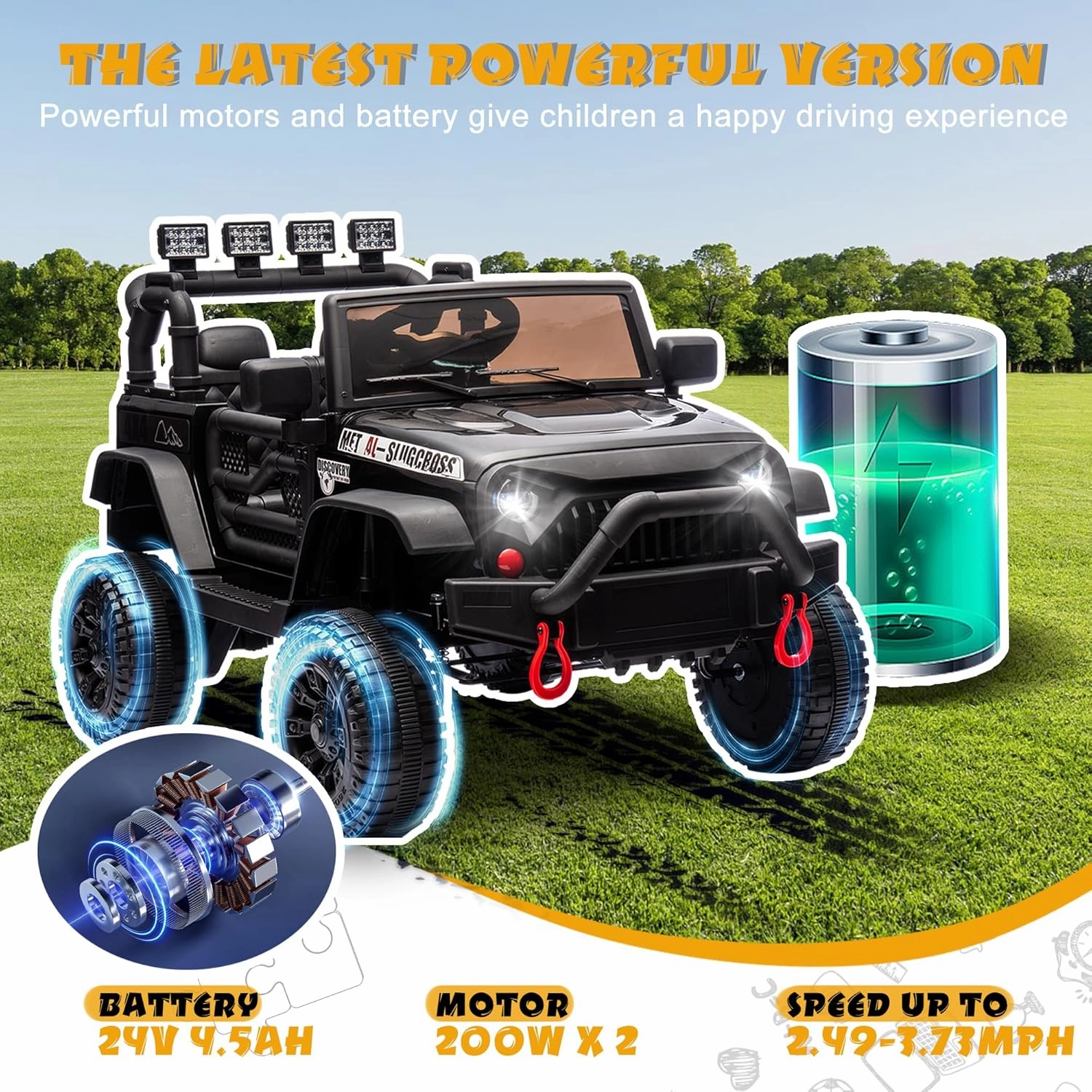 24V Ride on Toys for Big Kids, Ride on Jeep with Remote Control 400W Motor, 4 Wheel Suspension, Adjustable Speed, USB, Music, LED Lights, Large Screen Birthday Gift for Kids Ages 37-95 Months(Black)