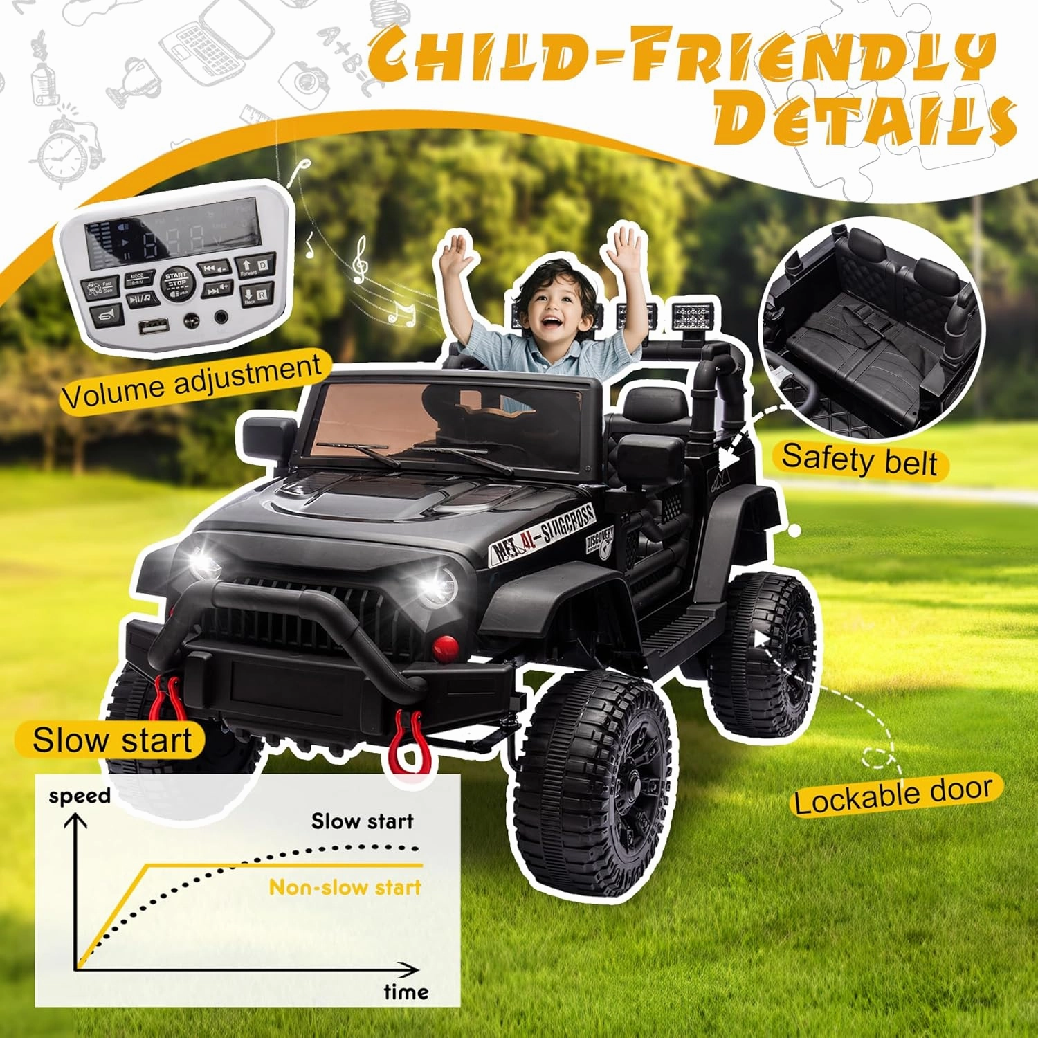 24V Ride on Toys for Big Kids, Ride on Jeep with Remote Control 400W Motor, 4 Wheel Suspension, Adjustable Speed, USB, Music, LED Lights, Large Screen Birthday Gift for Kids Ages 37-95 Months(Black)