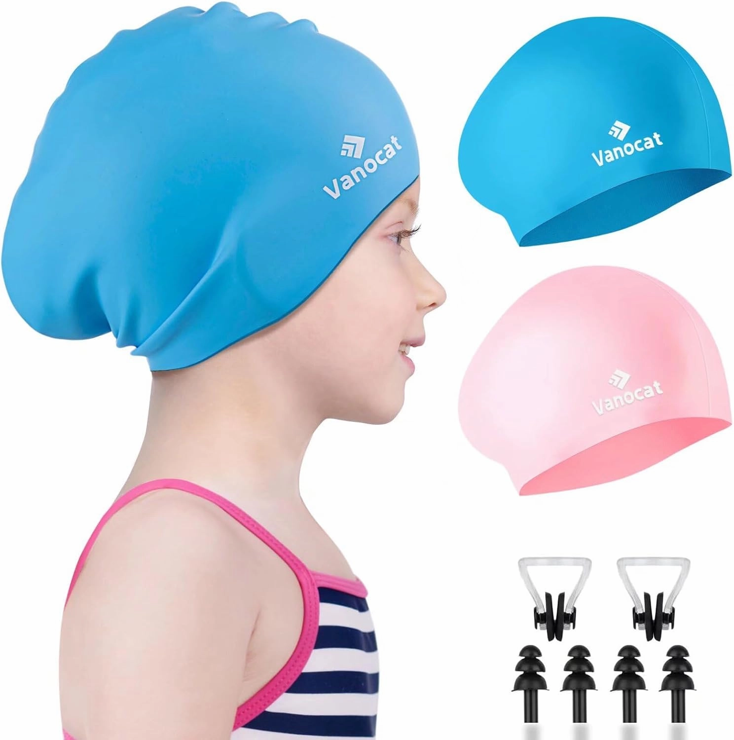 2 Pack Kids Swim Caps for Long/Short Hair, Unisex Silicone Swimming Cap for Age 3-15 Children Toddler Youth Teen, Waterproof Shower Cap Bathing Hats for Girls Boys with Ear Plugs & Nose Clip