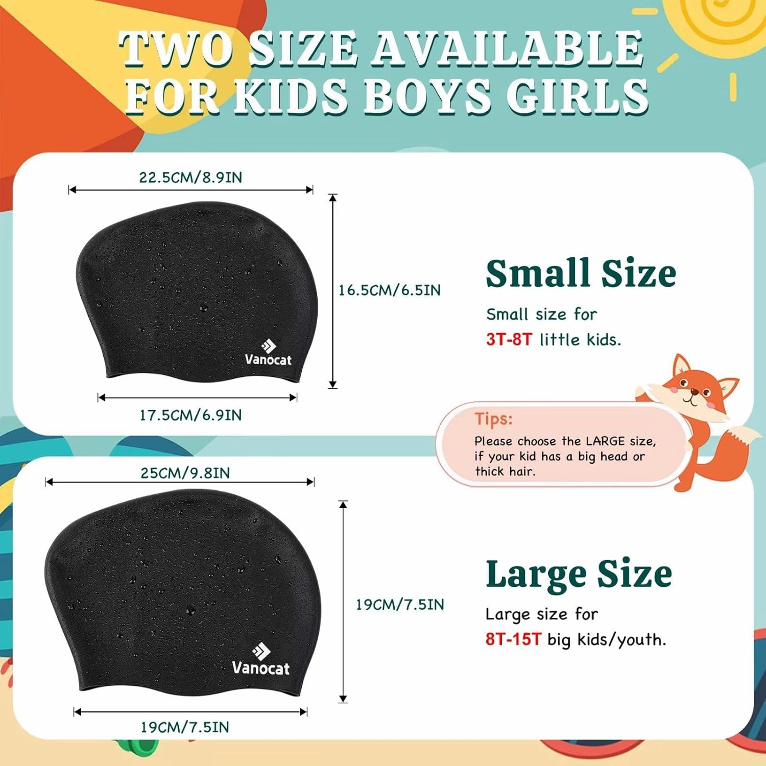 2 Pack Kids Swim Caps for Long/Short Hair, Unisex Silicone Swimming Cap for Age 3-15 Children Toddler Youth Teen, Waterproof Shower Cap Bathing Hats for Girls Boys with Ear Plugs & Nose Clip