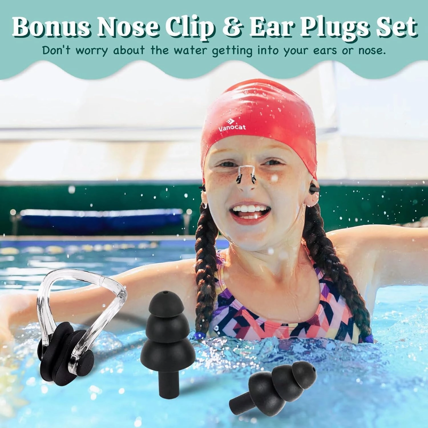 2 Pack Kids Swim Caps for Long/Short Hair, Unisex Silicone Swimming Cap for Age 3-15 Children Toddler Youth Teen, Waterproof Shower Cap Bathing Hats for Girls Boys with Ear Plugs & Nose Clip