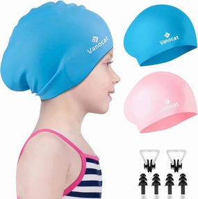 2 Pack Kids Swim Caps for Long/Short Hair, Unisex Silicone Swimming Cap for Age 3-15 Children Toddler Youth Teen, Waterproof Shower Cap Bathing Hats for Girls Boys with Ear Plugs & Nose Clip