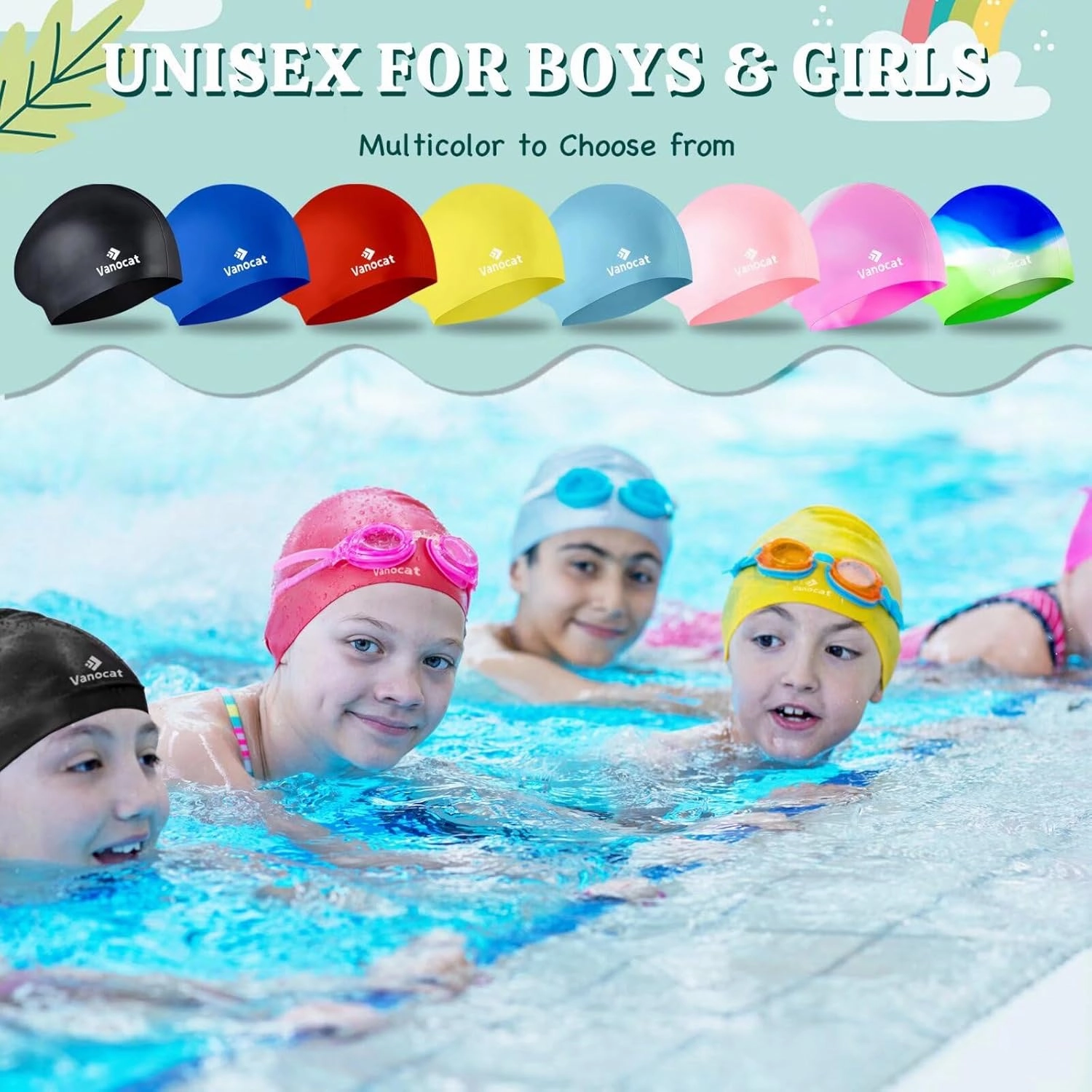 2 Pack Kids Swim Caps for Long/Short Hair, Unisex Silicone Swimming Cap for Age 3-15 Children Toddler Youth Teen, Waterproof Shower Cap Bathing Hats for Girls Boys with Ear Plugs & Nose Clip