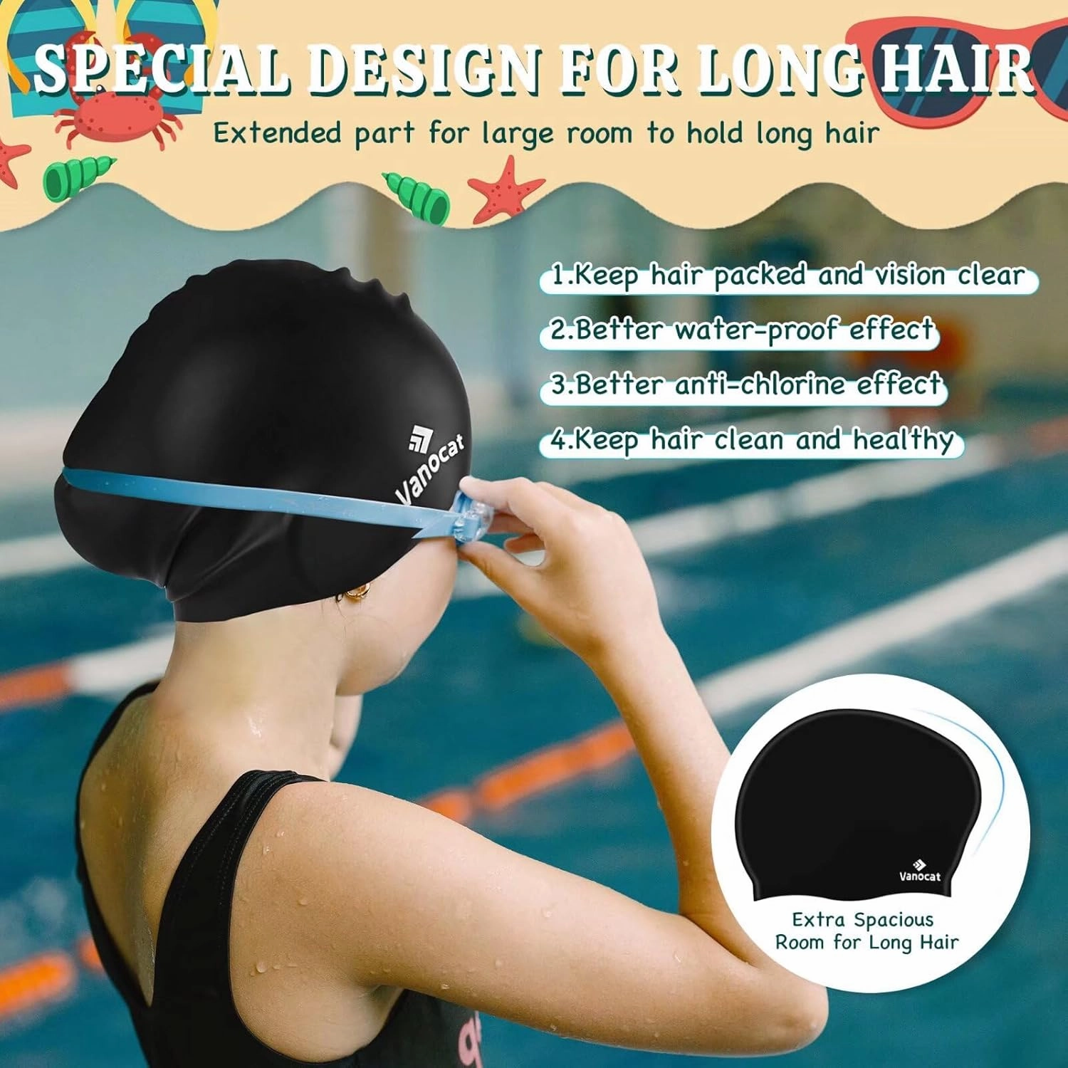 2 Pack Kids Swim Caps for Long/Short Hair, Unisex Silicone Swimming Cap for Age 3-15 Children Toddler Youth Teen, Waterproof Shower Cap Bathing Hats for Girls Boys with Ear Plugs & Nose Clip