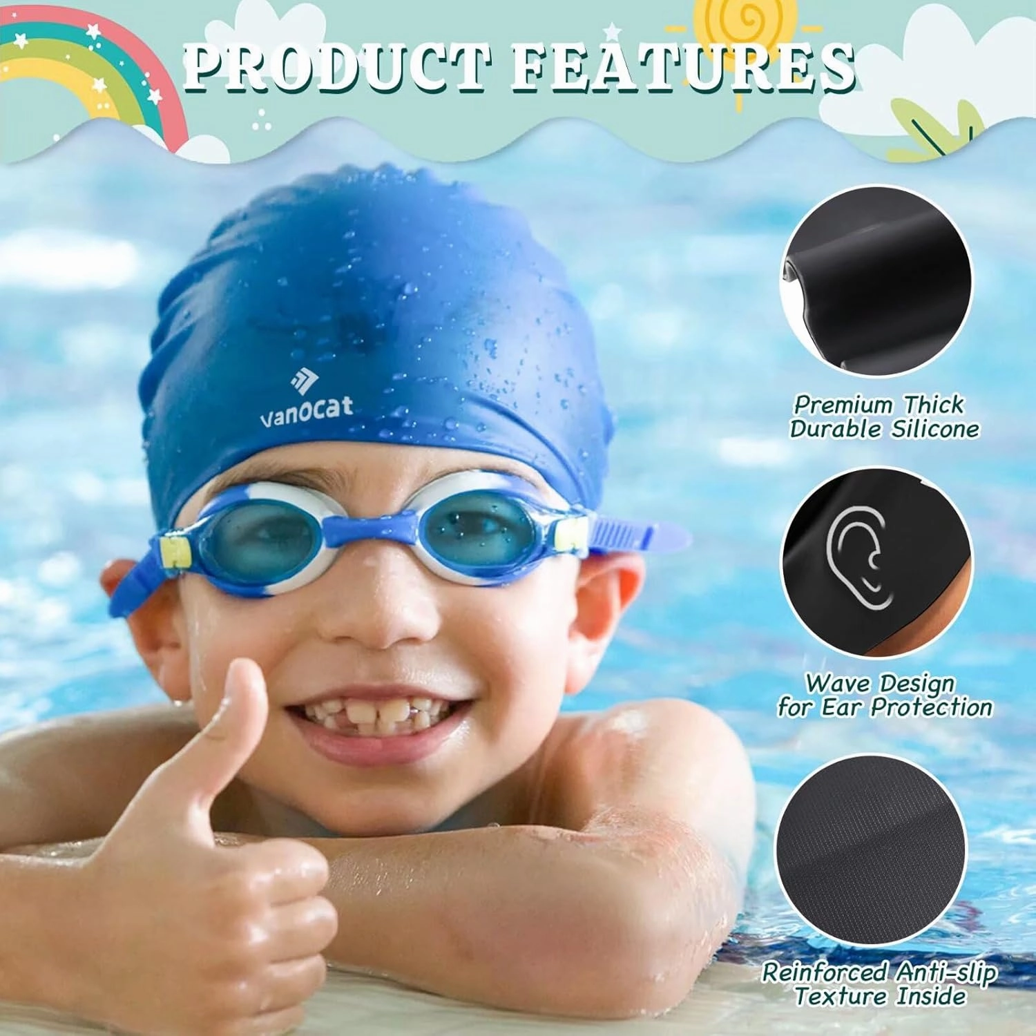 2 Pack Kids Swim Caps for Long/Short Hair, Unisex Silicone Swimming Cap for Age 3-15 Children Toddler Youth Teen, Waterproof Shower Cap Bathing Hats for Girls Boys with Ear Plugs & Nose Clip
