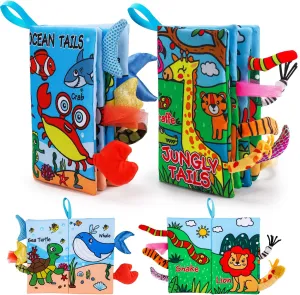 2PCS Baby Books 0-6 Months Tummy Time Infant Toys 0-3 Months High Contrast Baby Sensory Toys 3-6 6-12 Months Newborn Essentials Must Haves Crinkle Touch Feel Busy Soft Books for Babies Shower Gifts