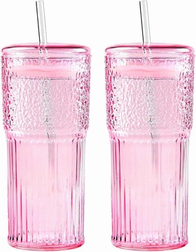 2PCS Glass Cups with Lids and Straws, 20OZ Iced Coffee Cups, Home Essential and Coffee Bar Accessories Borosilicate Glass Tumblers with Lid and Straw for Beer, Cocktail (pink, 2pcs)