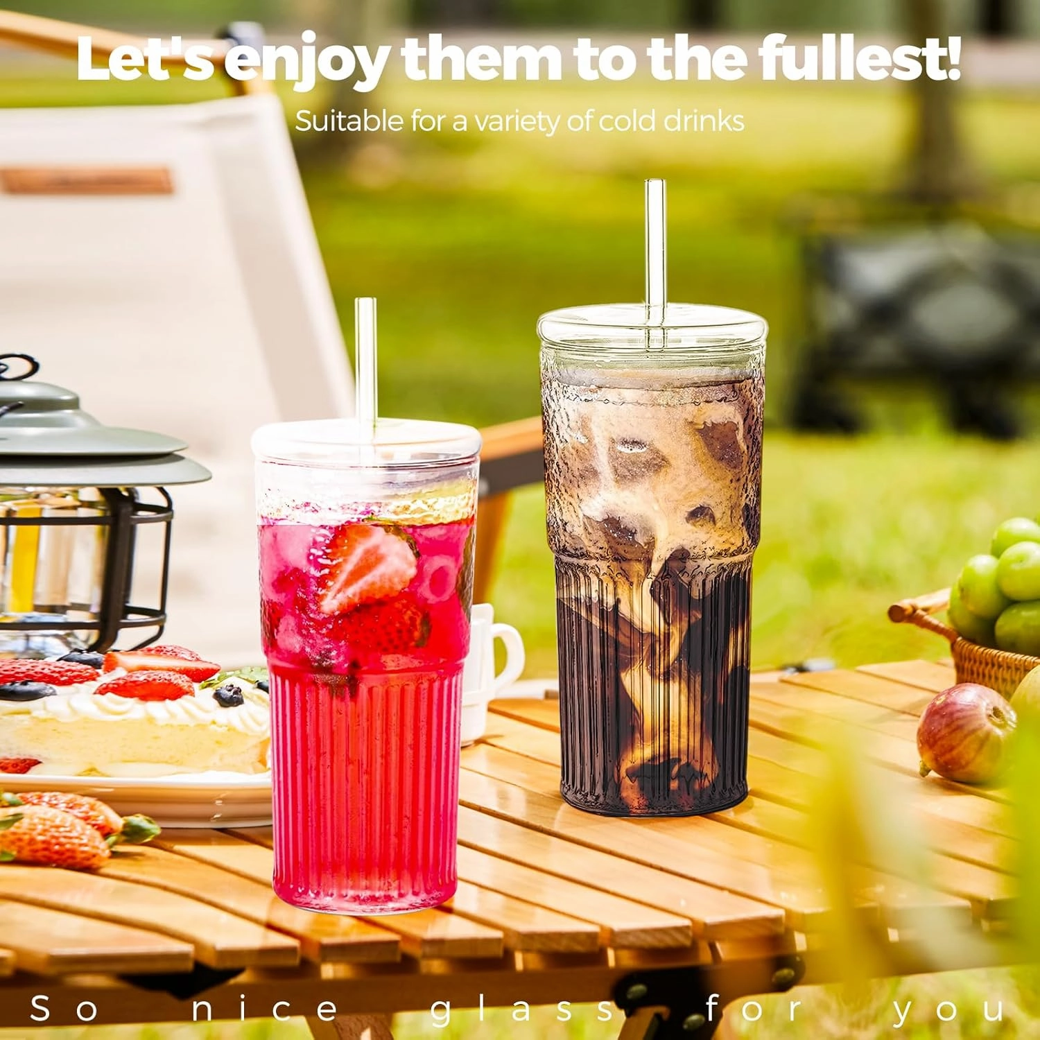 2PCS Glass Cups with Lids and Straws, 20OZ Iced Coffee Cups, Home Essential and Coffee Bar Accessories Borosilicate Glass Tumblers with Lid and Straw for Beer, Cocktail (pink, 2pcs)
