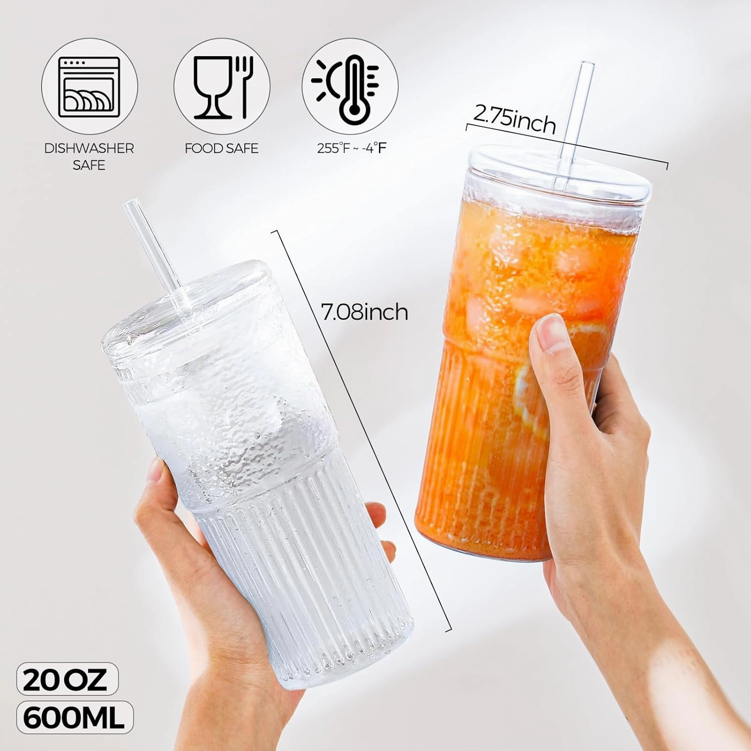 2PCS Glass Cups with Lids and Straws, 20OZ Iced Coffee Cups, Home Essential and Coffee Bar Accessories Borosilicate Glass Tumblers with Lid and Straw for Beer, Cocktail (pink, 2pcs)