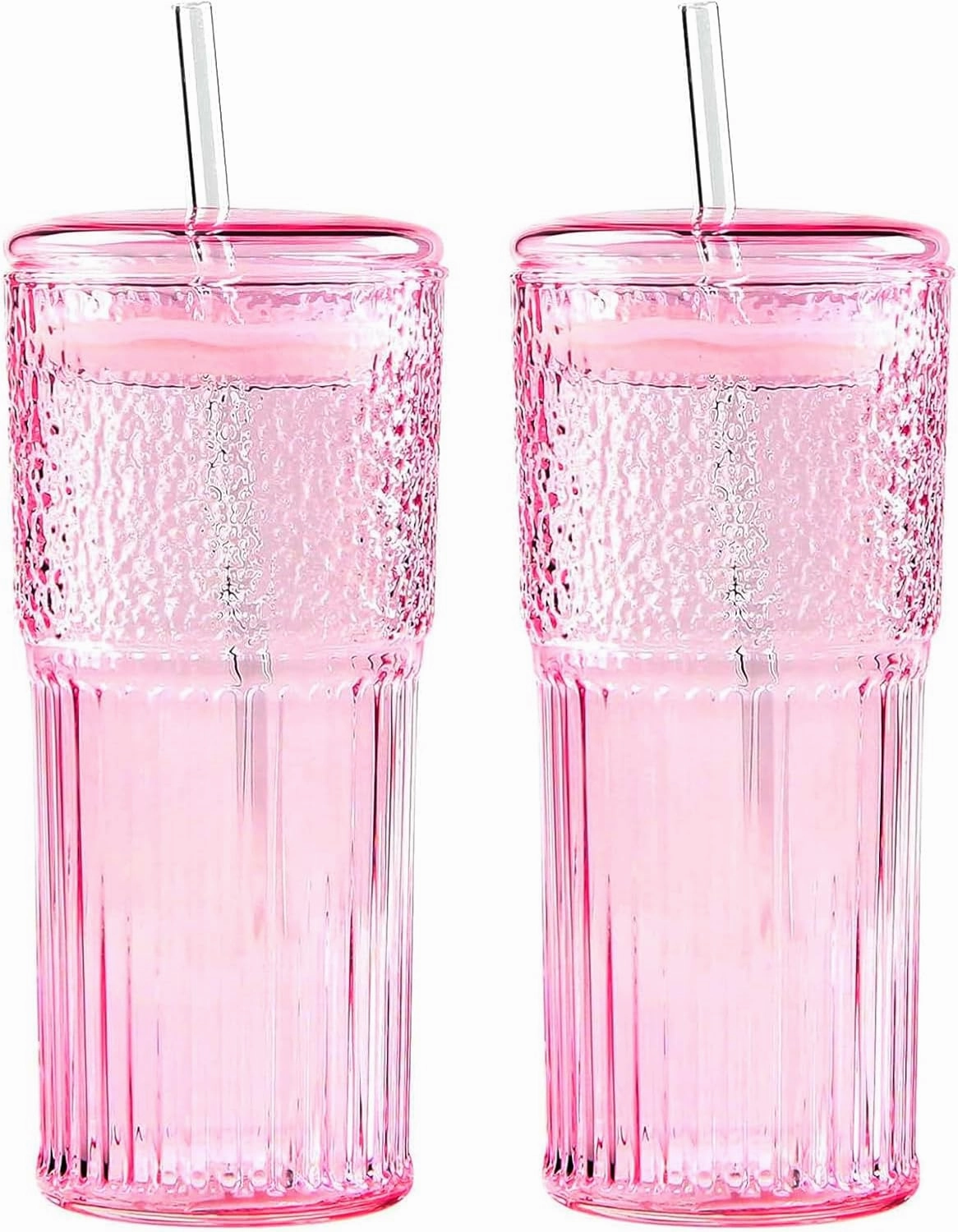 2PCS Glass Cups with Lids and Straws, 20OZ Iced Coffee Cups, Home Essential and Coffee Bar Accessories Borosilicate Glass Tumblers with Lid and Straw for Beer, Cocktail (pink, 2pcs)