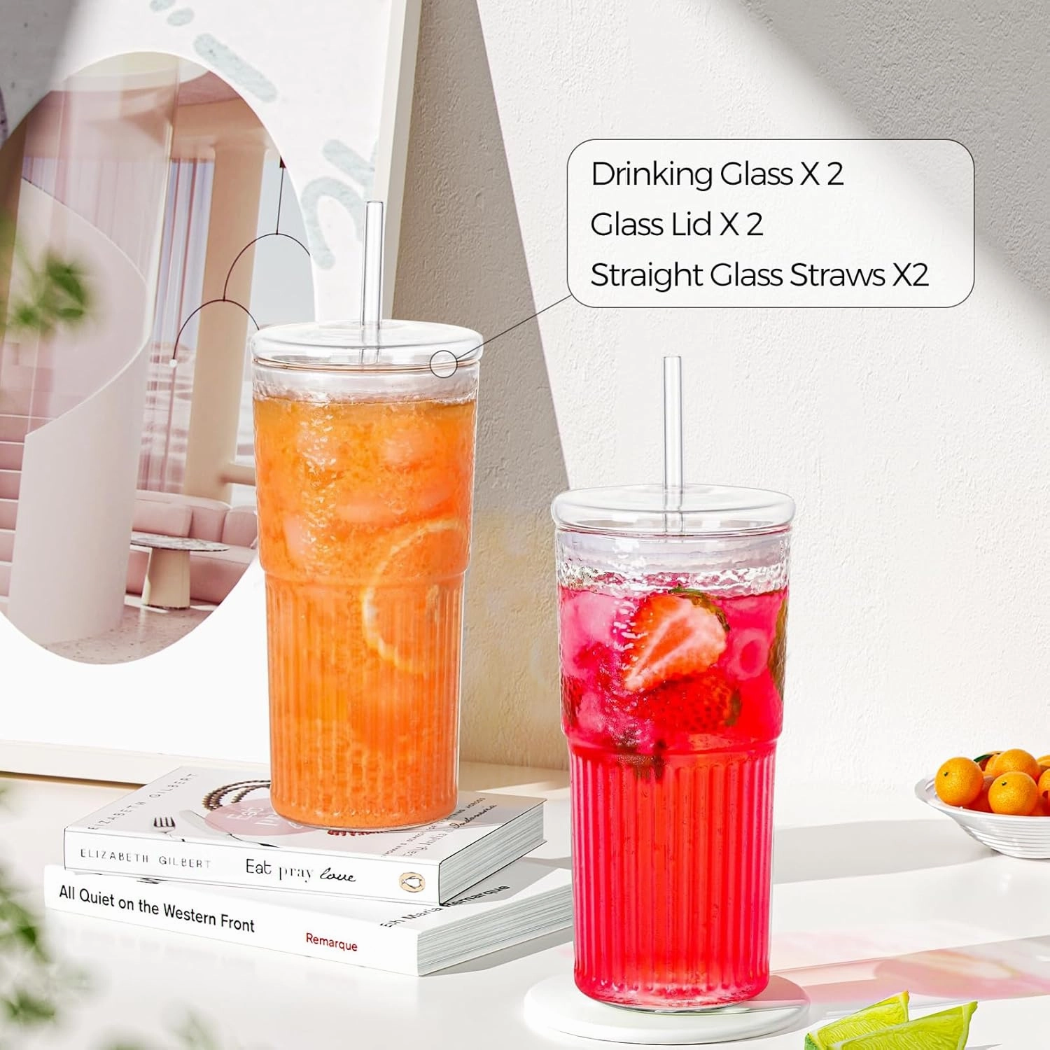 2PCS Glass Cups with Lids and Straws, 20OZ Iced Coffee Cups, Home Essential and Coffee Bar Accessories Borosilicate Glass Tumblers with Lid and Straw for Beer, Cocktail (pink, 2pcs)