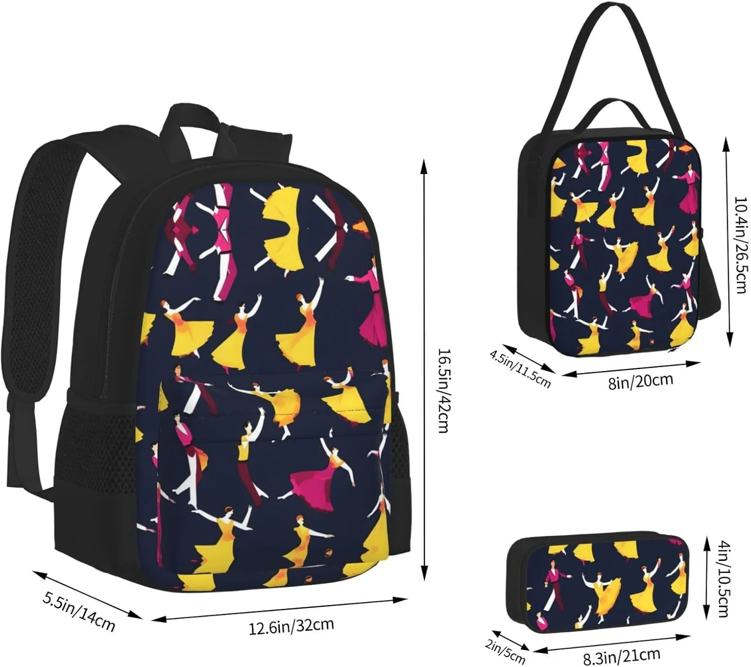 3-In-1 Backpack Bookbag Set,Ballroom Dance Small Pattern Print Casual Travel Backpacks,With Pencil Case Pouch, Lunch Bag
