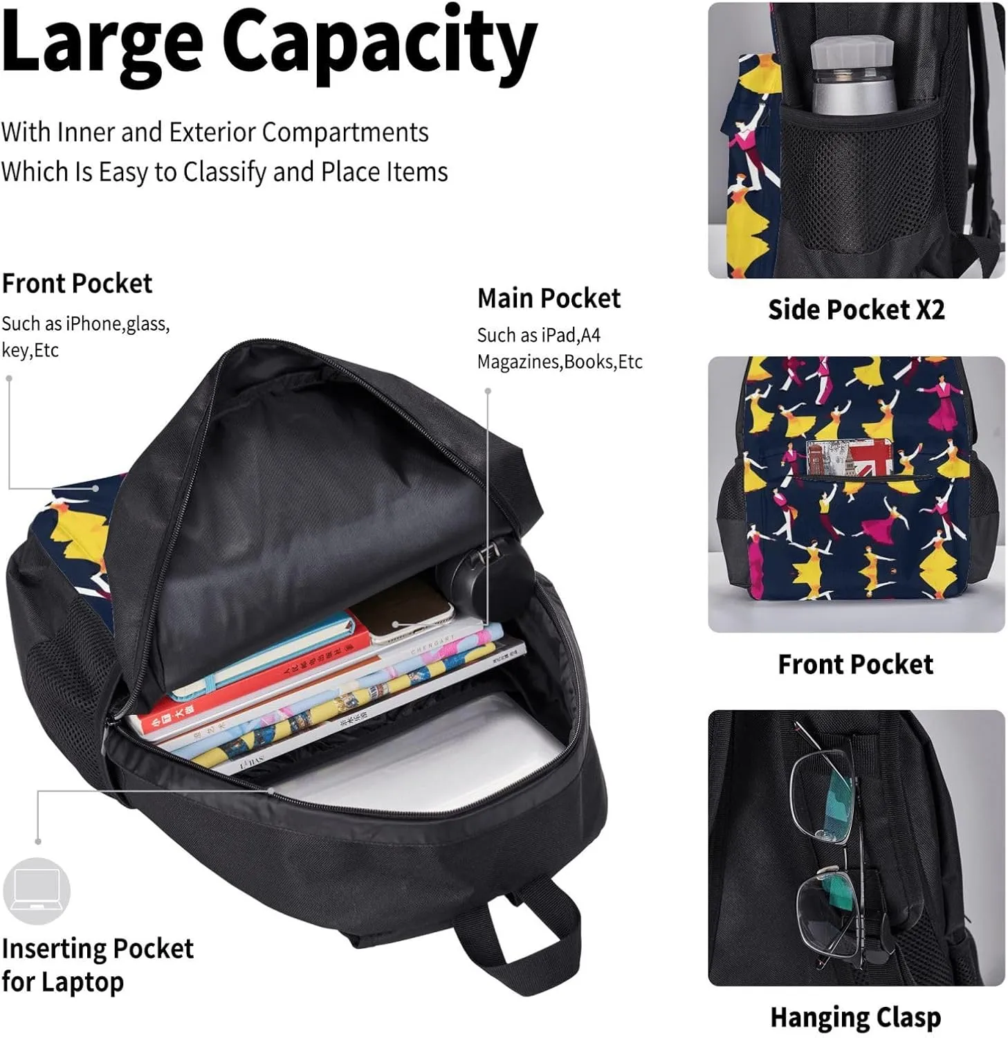 3-In-1 Backpack Bookbag Set,Ballroom Dance Small Pattern Print Casual Travel Backpacks,With Pencil Case Pouch, Lunch Bag