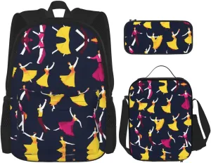 3-In-1 Backpack Bookbag Set,Ballroom Dance Small Pattern Print Casual Travel Backpacks,With Pencil Case Pouch, Lunch Bag