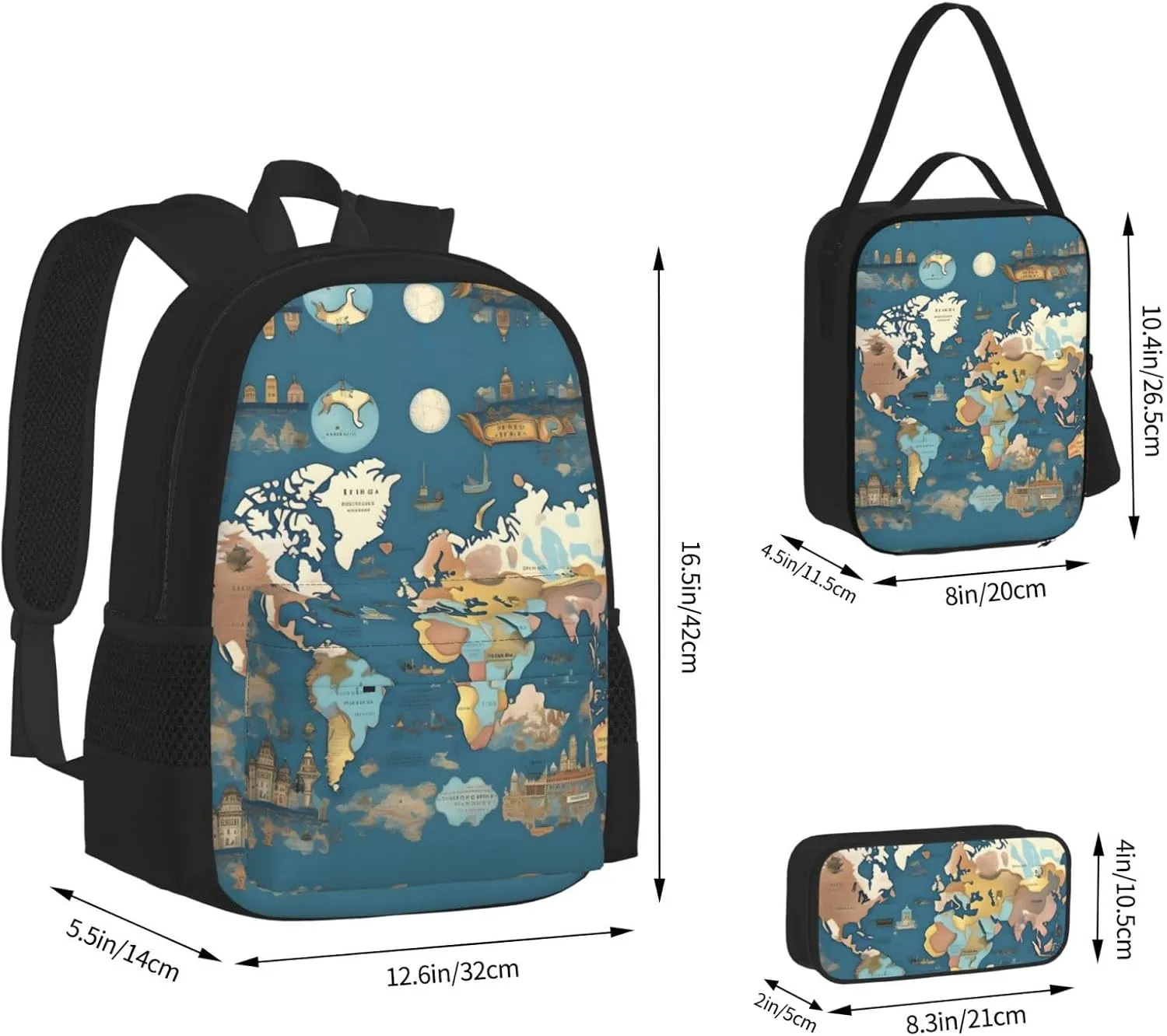3-In-1 Backpack Bookbag Set,World Map Pattern Print Casual Travel Backpacks,With Pencil Case Pouch, Lunch Bag