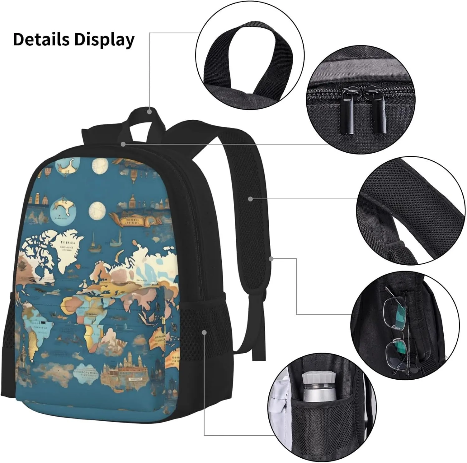 3-In-1 Backpack Bookbag Set,World Map Pattern Print Casual Travel Backpacks,With Pencil Case Pouch, Lunch Bag