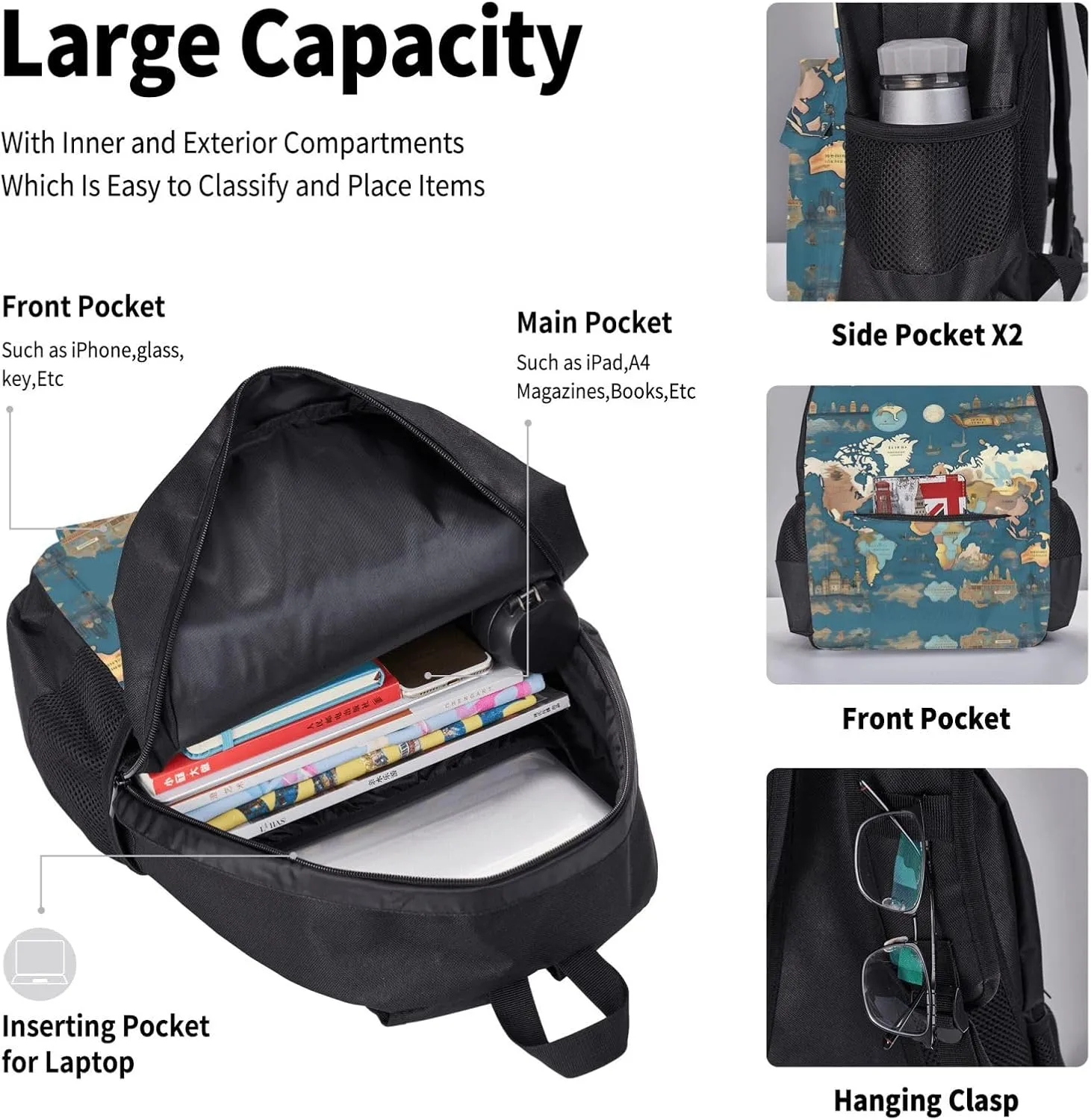 3-In-1 Backpack Bookbag Set,World Map Pattern Print Casual Travel Backpacks,With Pencil Case Pouch, Lunch Bag