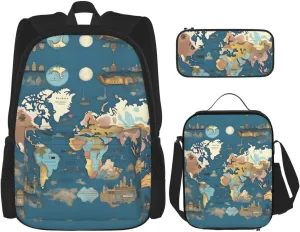 3-In-1 Backpack Bookbag Set,World Map Pattern Print Casual Travel Backpacks,With Pencil Case Pouch, Lunch Bag