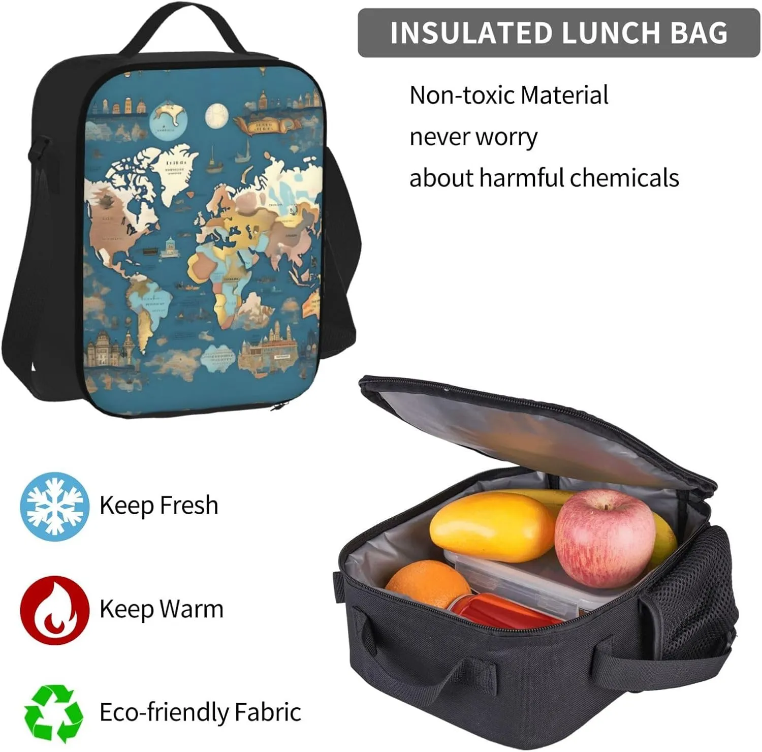 3-In-1 Backpack Bookbag Set,World Map Pattern Print Casual Travel Backpacks,With Pencil Case Pouch, Lunch Bag
